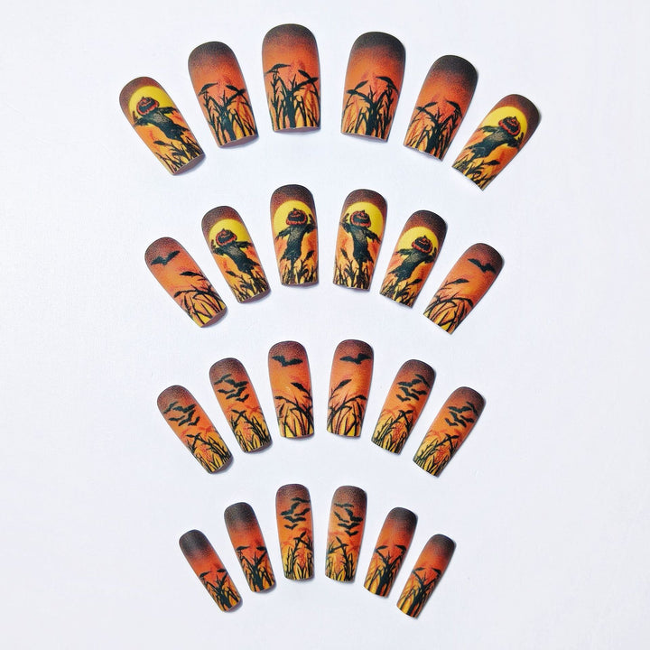 Halloween Artificial Nails with Creepy Pumpkin and Bat Design Kalsten