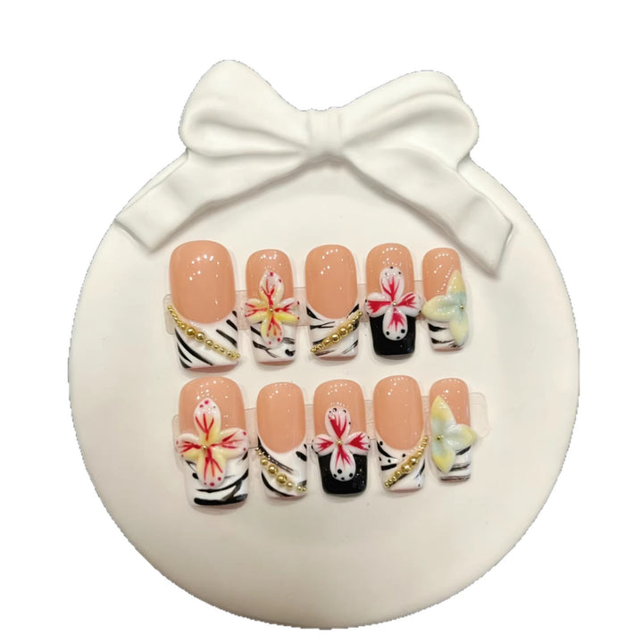 Artistic Press-On Nail Set with Floral and Zebra Pattern