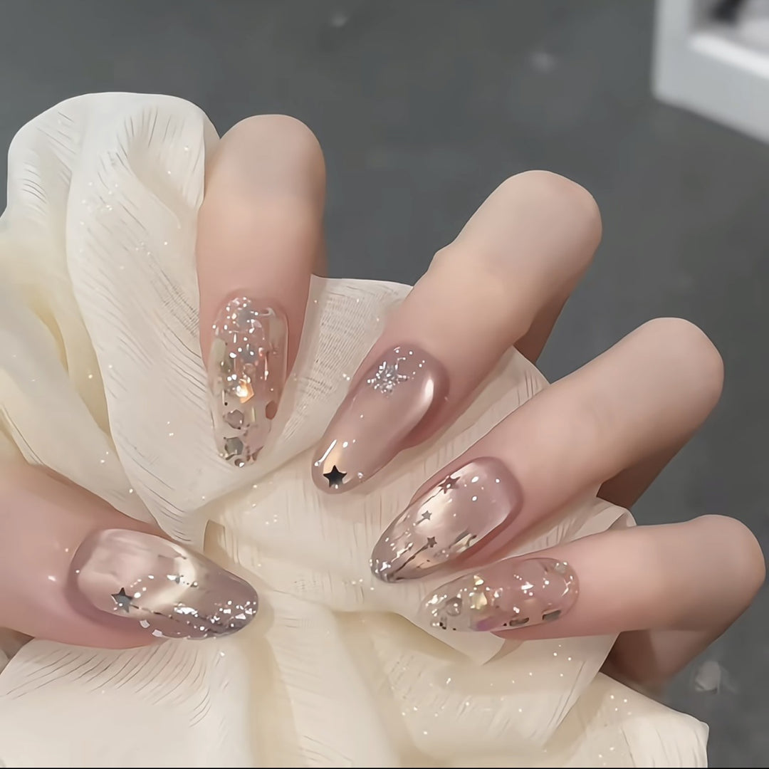 Artistic Press-On Nail Set with Stellar Design