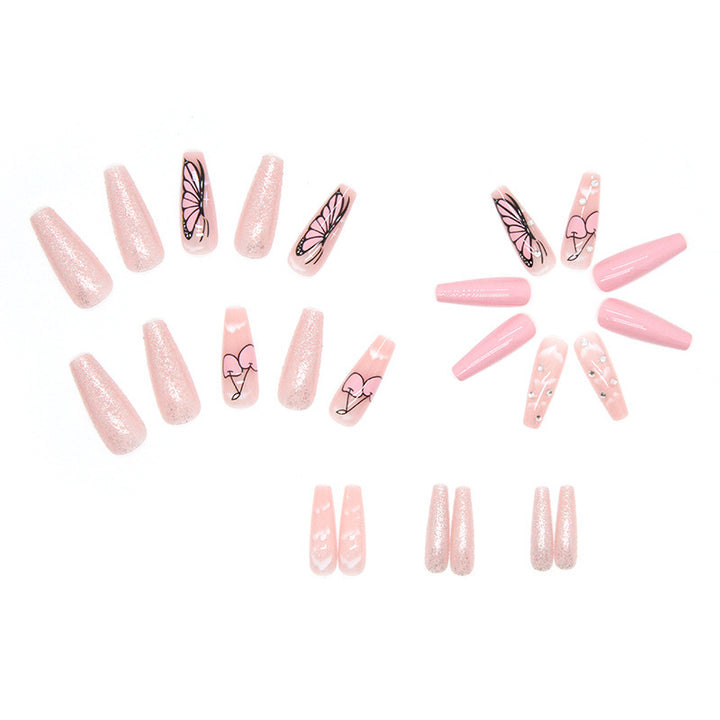 Artificial nail set with romantic butterfly designs and glitter accents Kalsten