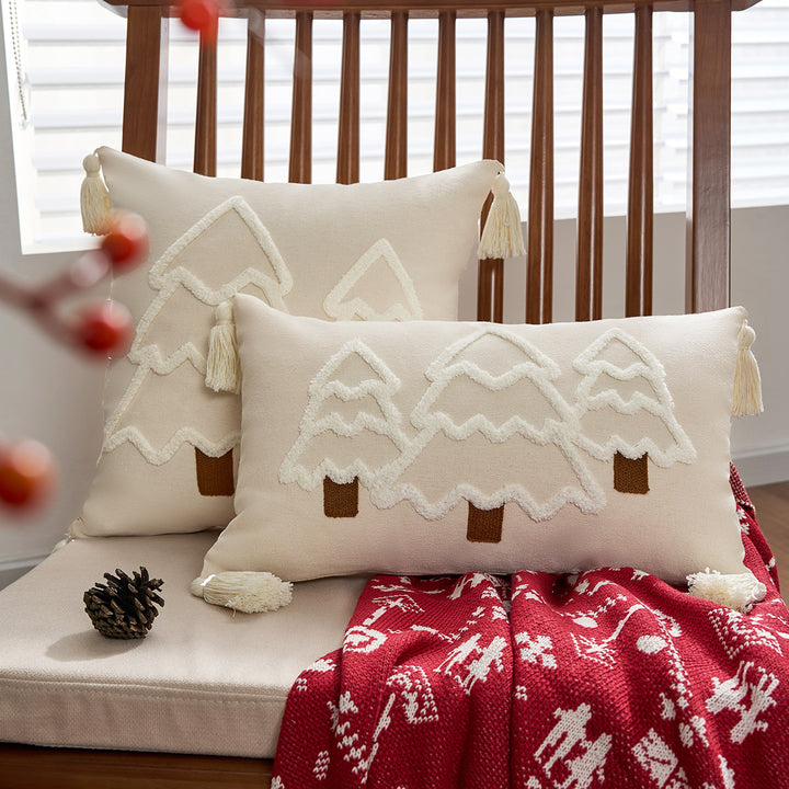 Embroidered Winter Tree Tassel Lumbar Throw Pillow