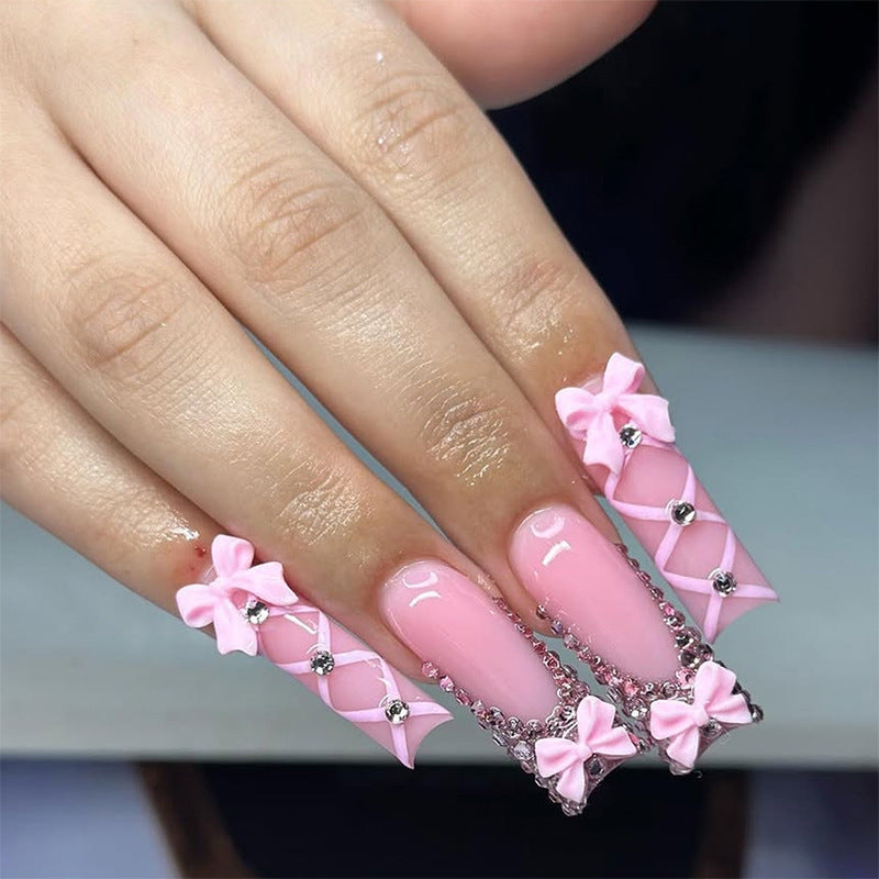 Decorative Press-On Nail Set with Elegant Bow and Gem Accents kalsten 1788496283