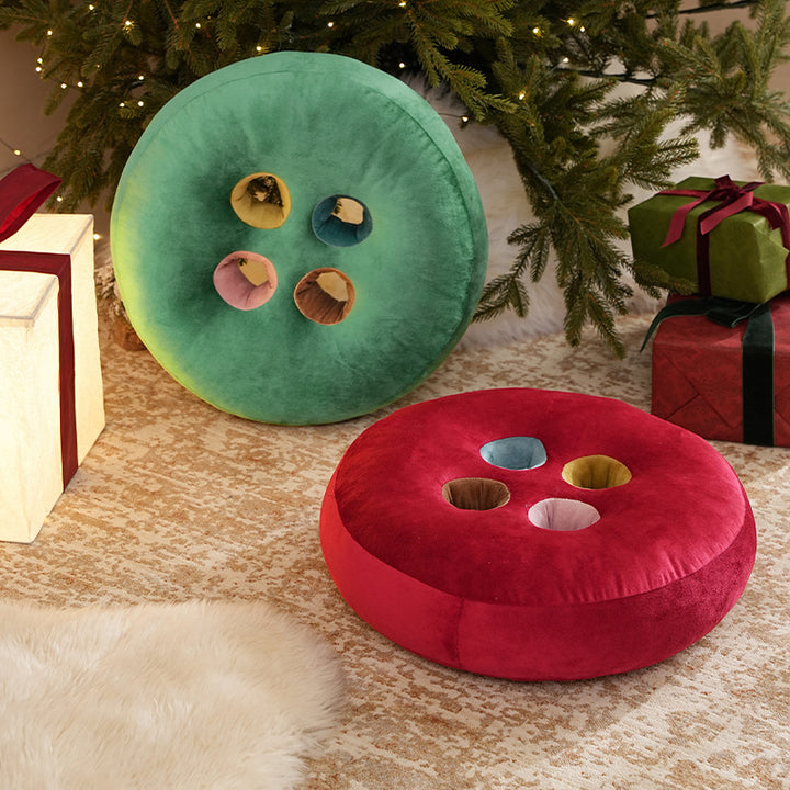 Round floor cushion pouf in button design with four recessed compartments and soft velvet cover Kalsten