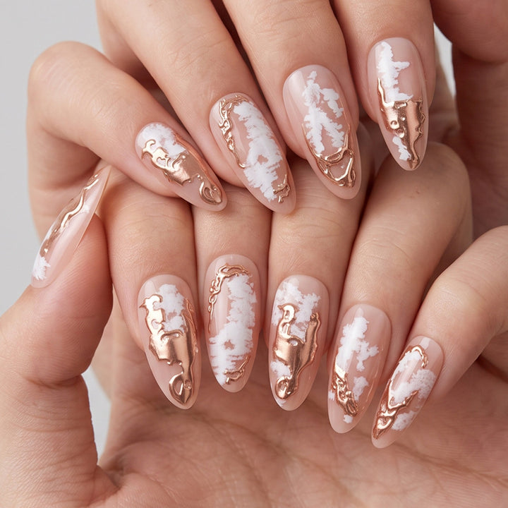Elegant Press-On Nails with Artistic Marble and Metallic Design Kalsten
