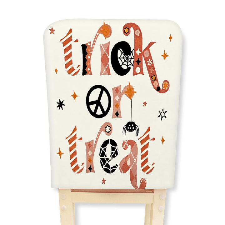 Padded chair back cover with Halloween illustration and spider web design