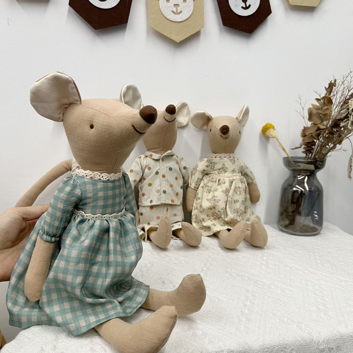 Handcrafted Linen-Blend Mouse Plush Doll with Checkered Overalls
