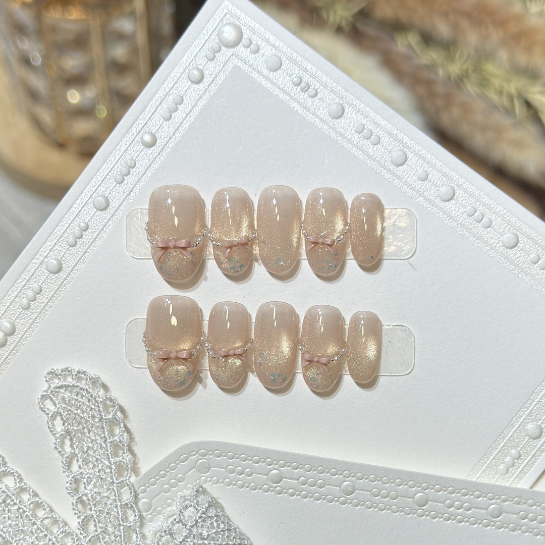 Press-On Nail Art Set with Elegant Bow Accents Kalsten