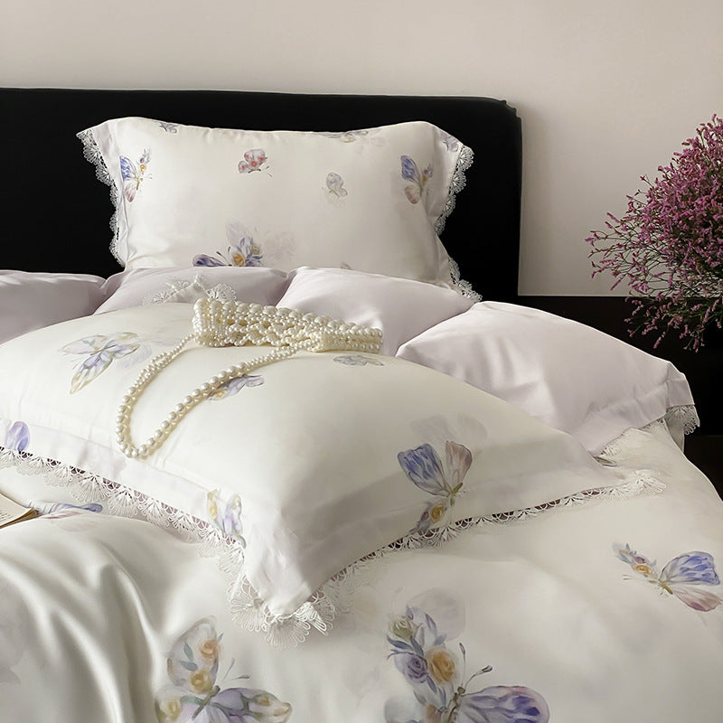 Satin bedding set with butterfly pattern and lace edge