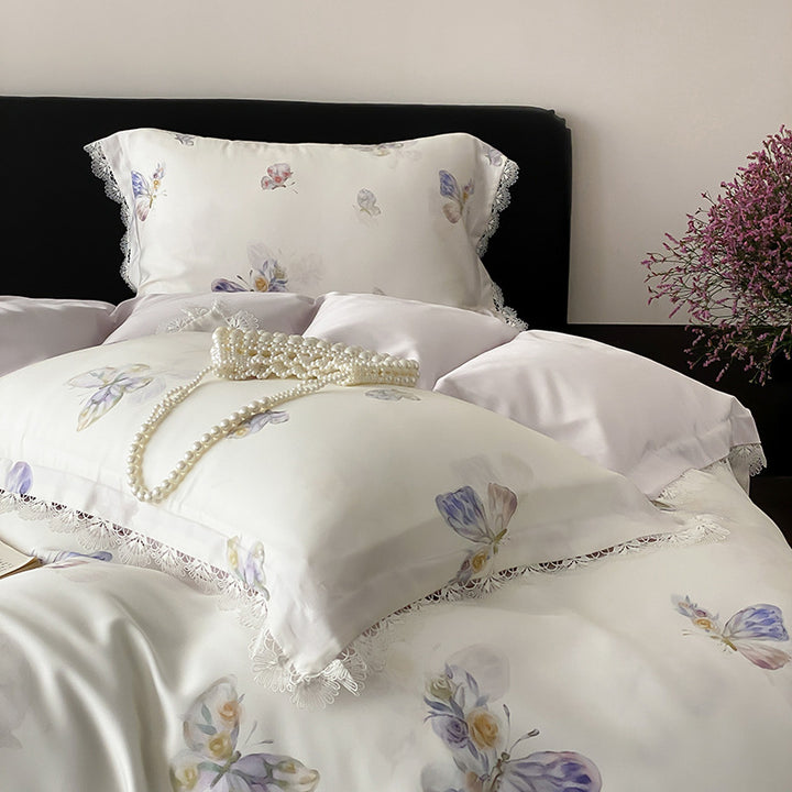 Satin bedding set with butterfly pattern and lace edge