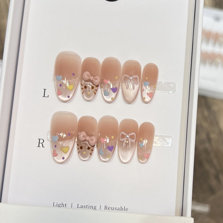 Decorative Press-On Nail Set with Colorful Heart and Bow Designs Kalsten