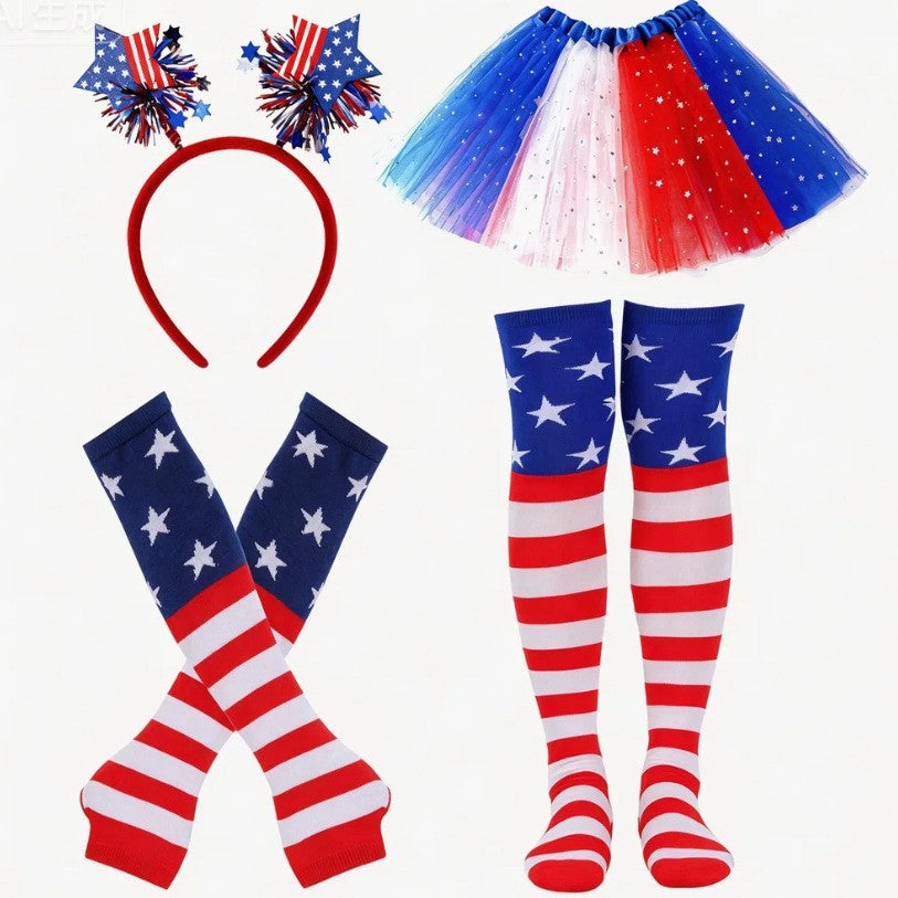 Women's nan patriotic tulle layered mini skirt headband arm sleeves and thigh high socks set Kalsten
