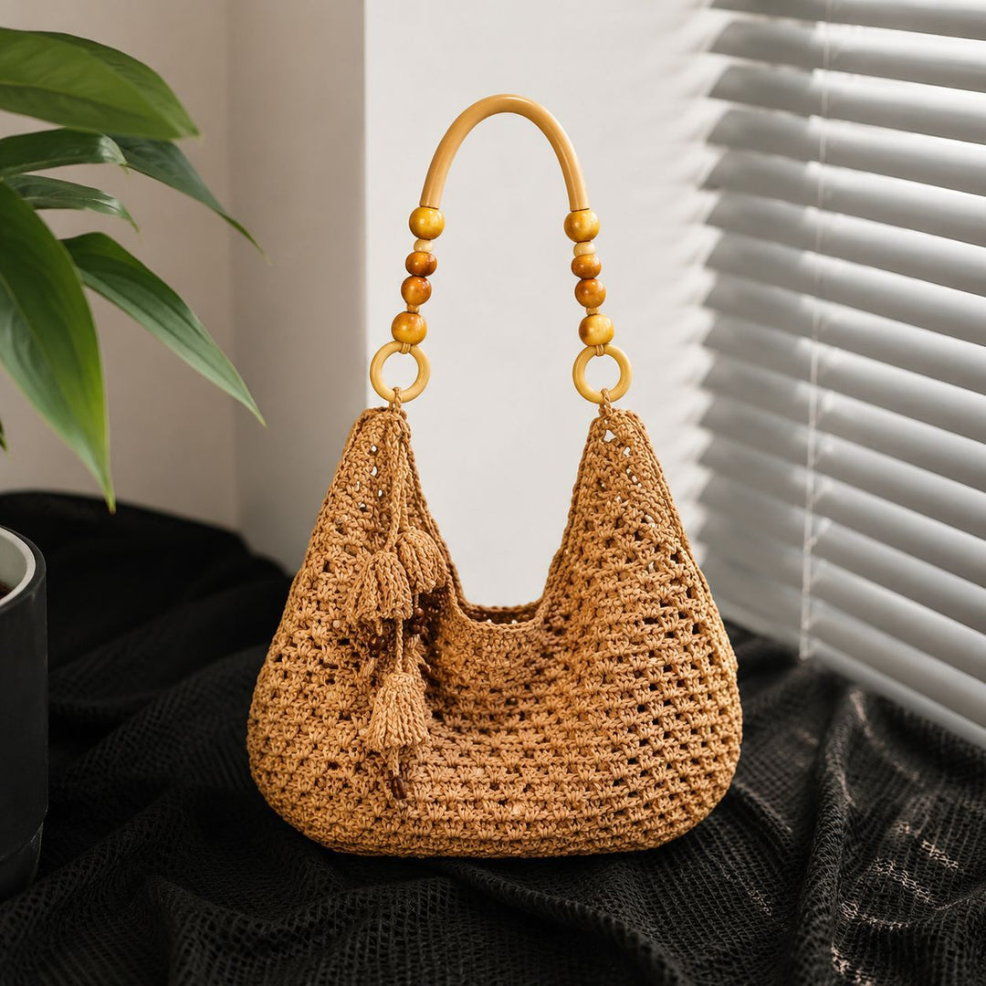 Handcrafted Macrame Shoulder Bag with Wooden Handles Kalsten