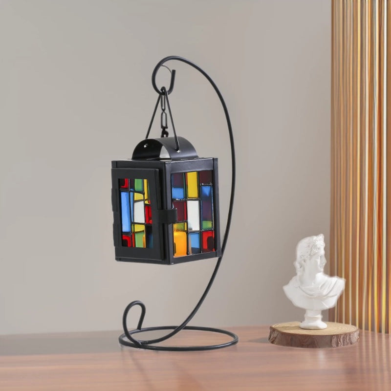 Stained Glass Mosaic Hanging Tealight Lantern with Metal Frame Kalsten