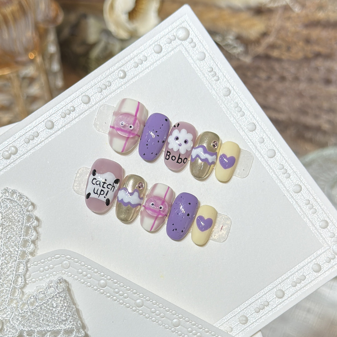 Playful Cartoon-Themed Press-On Nail Art Set Kalsten