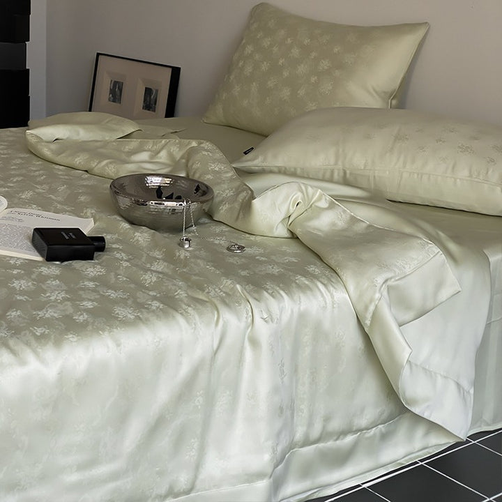 Premium Satin bedding set with fine jacquard relief and silky matte finish