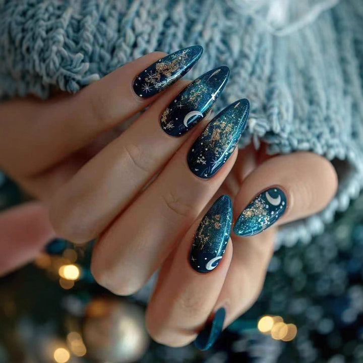 Glamorous artificial nails with sparkling star and moon motifs Kalsten