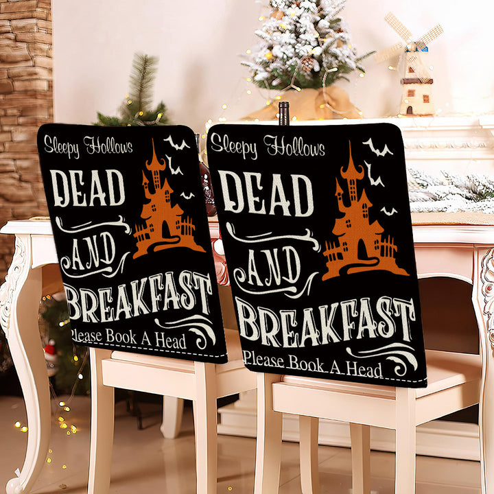 festive Halloween chair covers made of stretchable polyester with witch hat and lettering design