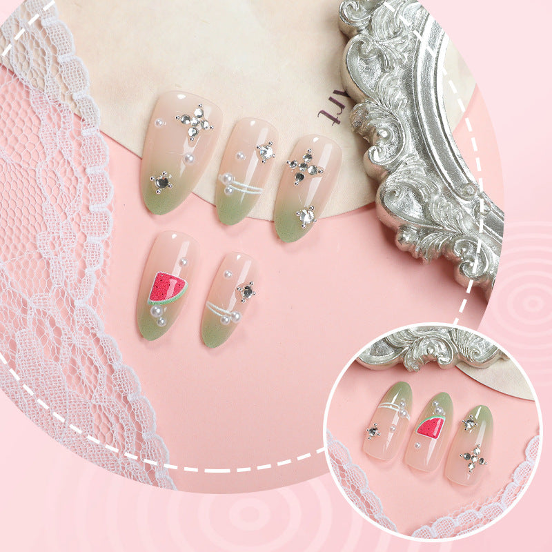Decorative Press-On Nail Set with Fruit and Gemstone Accents