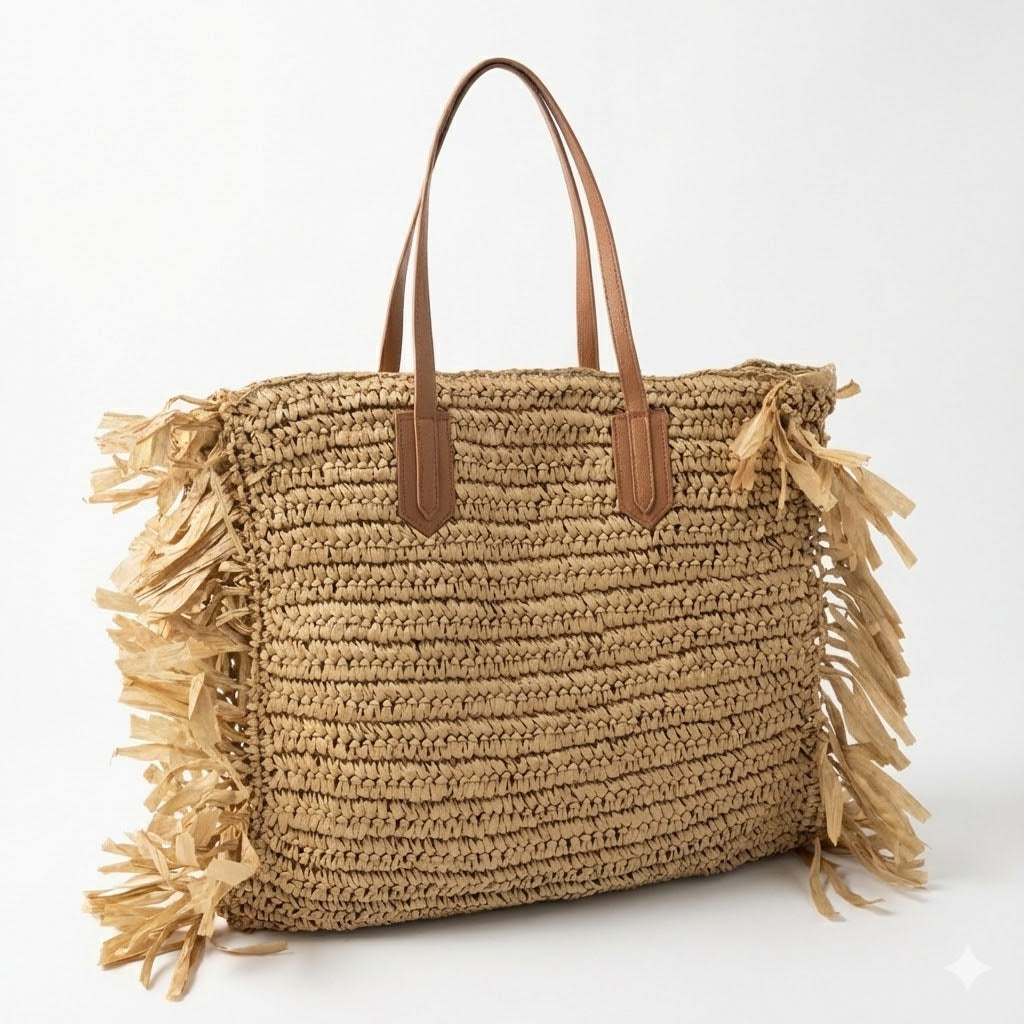 Stylish straw bag with fringed details Kalsten