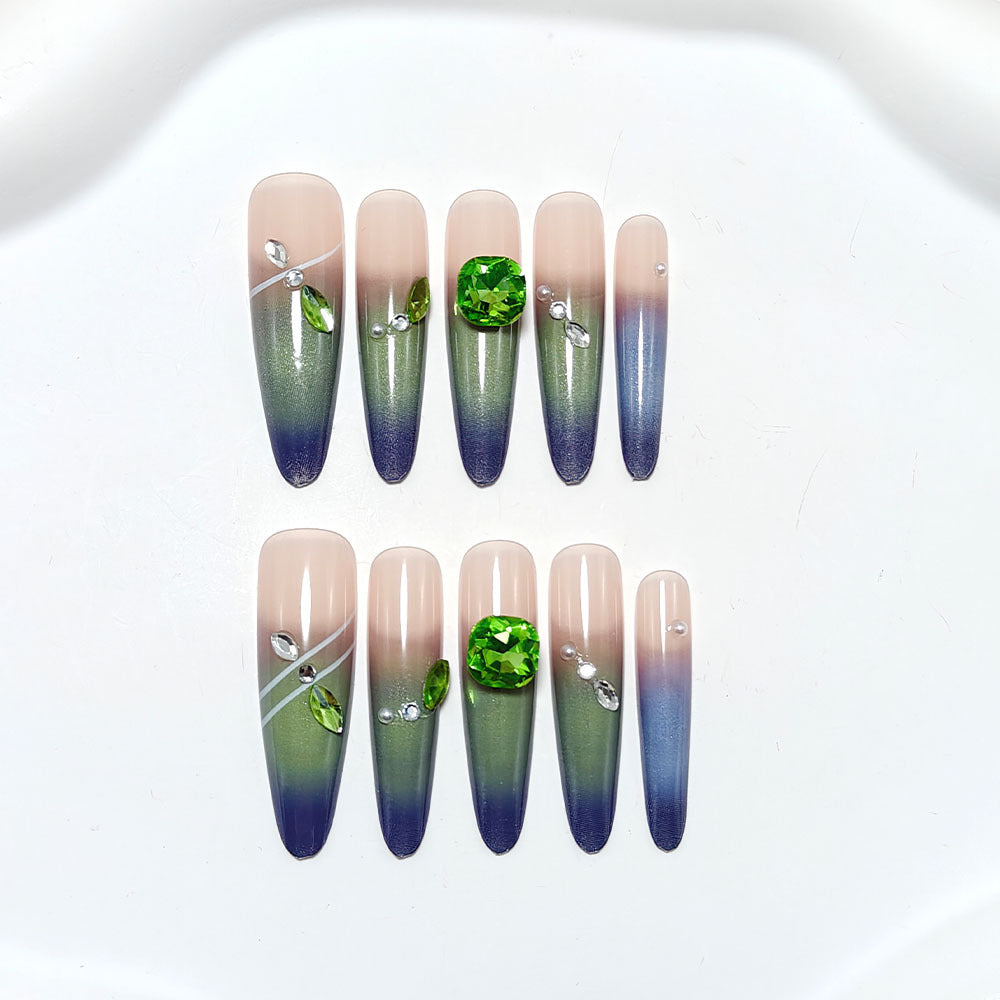 Artificial nails with elegant ombre design and rhinestone applications Kalsten