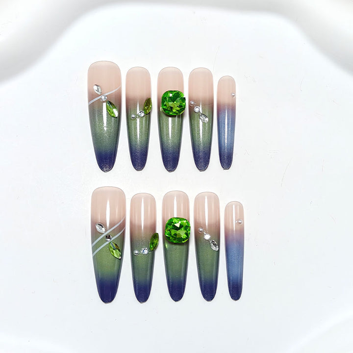 Artificial nails with elegant ombre design and rhinestone applications Kalsten
