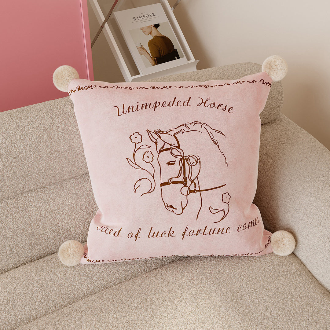 Velvet Pom-Pom Corner Decorative Throw Pillow Cover with Hand-Drawn Rocking Horse Motif
