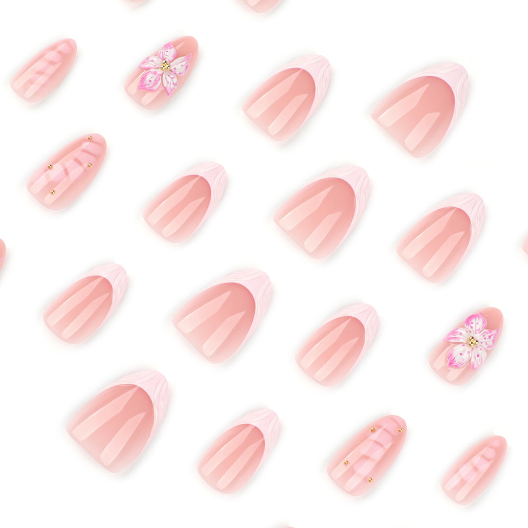 Artful Nail Extensions with Floral Design and Glitter Accents Kalsten