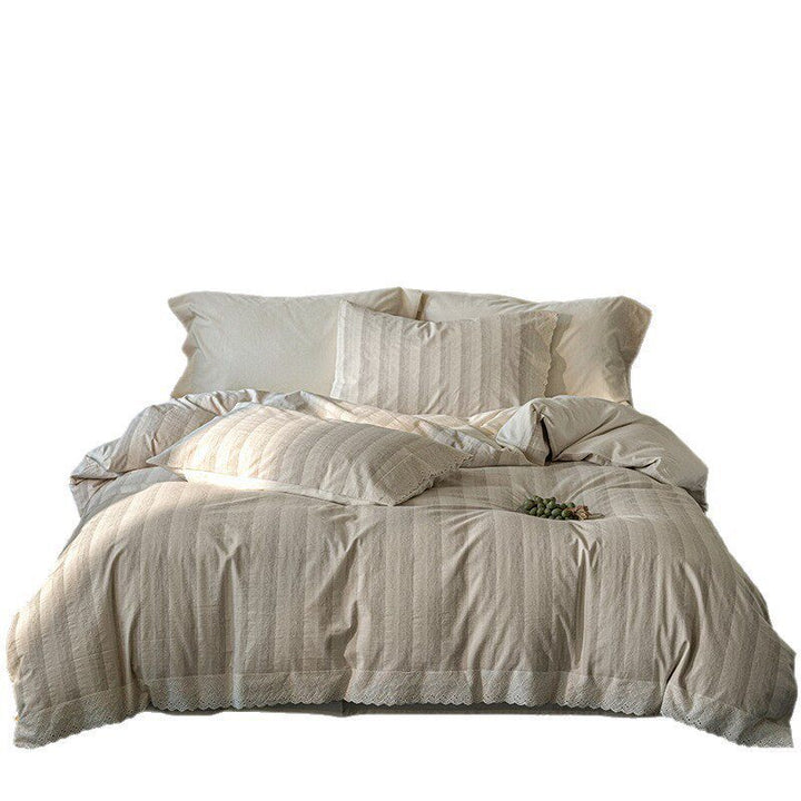 Light cotton-linen duvet cover set with fine longitudinal stripe texture and lace hem
