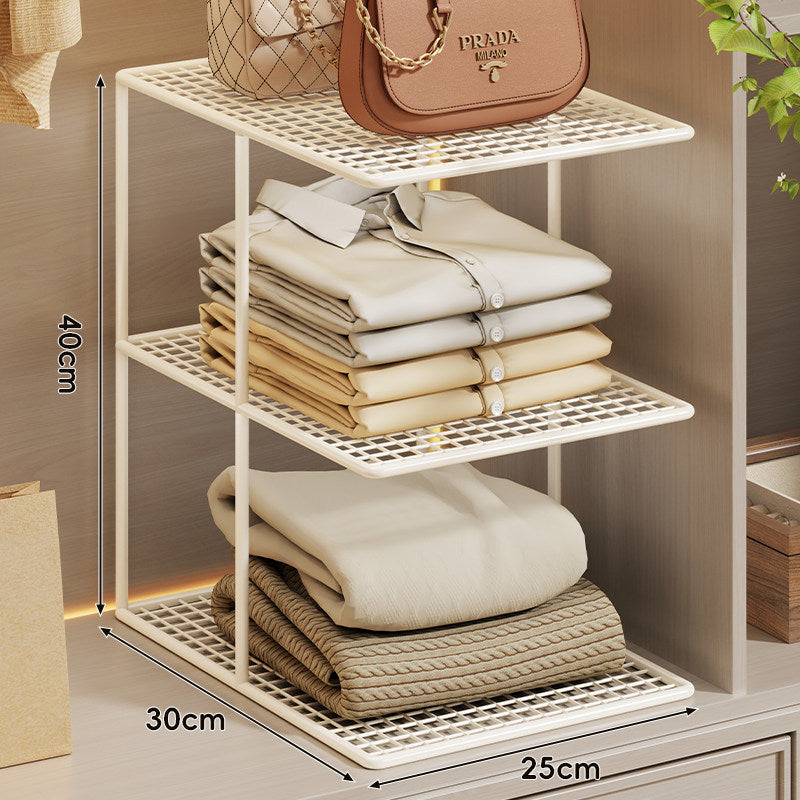 Triple-Tier Grid Mesh Closet Shelf Organizer with Stackable Modular Design