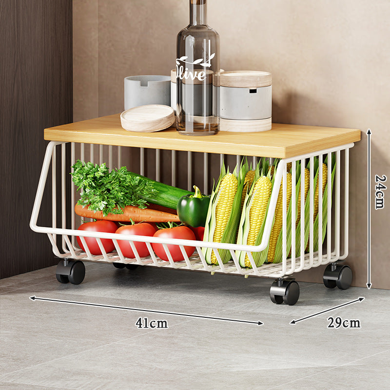 Multi-Tier Rolling Kitchen Pantry Cart with Wood Top and Deep Wire Storage Baskets