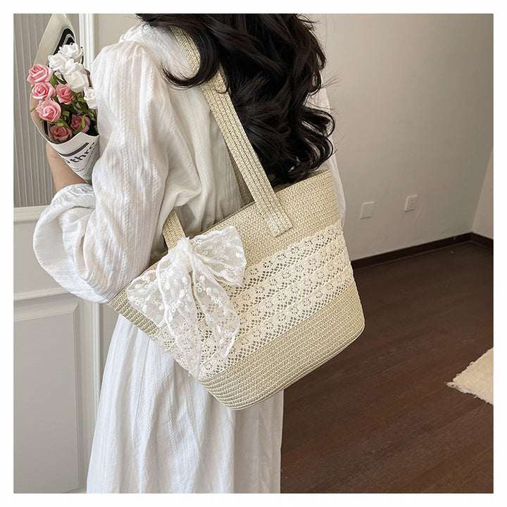 Elegant Lace-Embellished Straw Tote