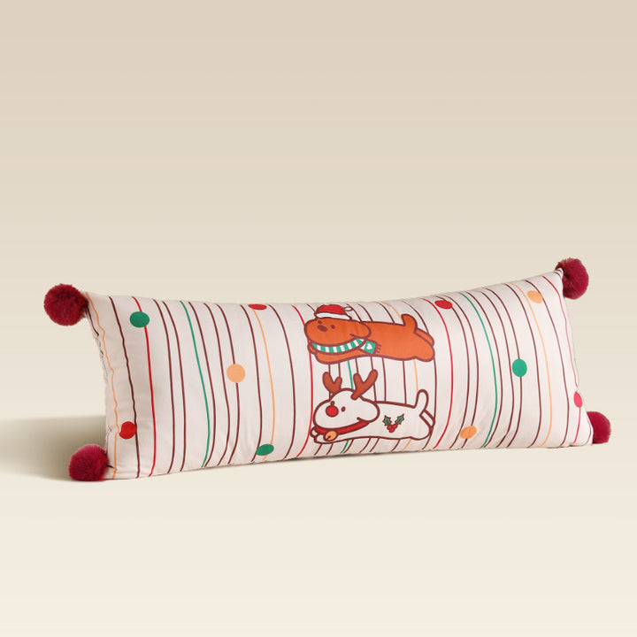 Long decorative lumbar and neck pillow in Christmas check with pompom and dog-tree motif Kalsten