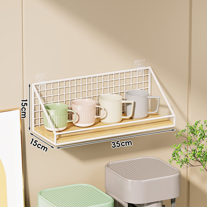 Ventilated Grid Wall Shelf with Wood-Look Tray and Clear Suction Mounts