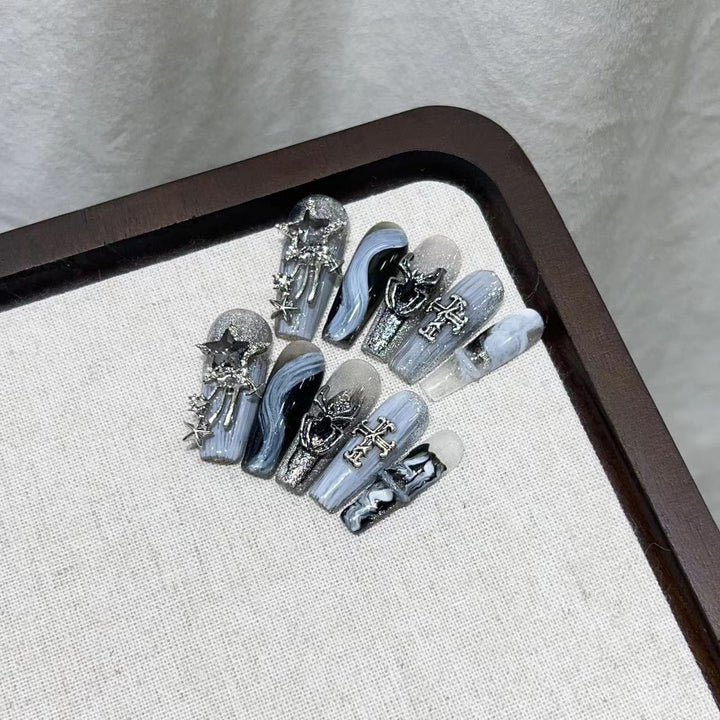 Glamorous Press-On Nail Art Set with Decorative Metallic Elements Kalsten