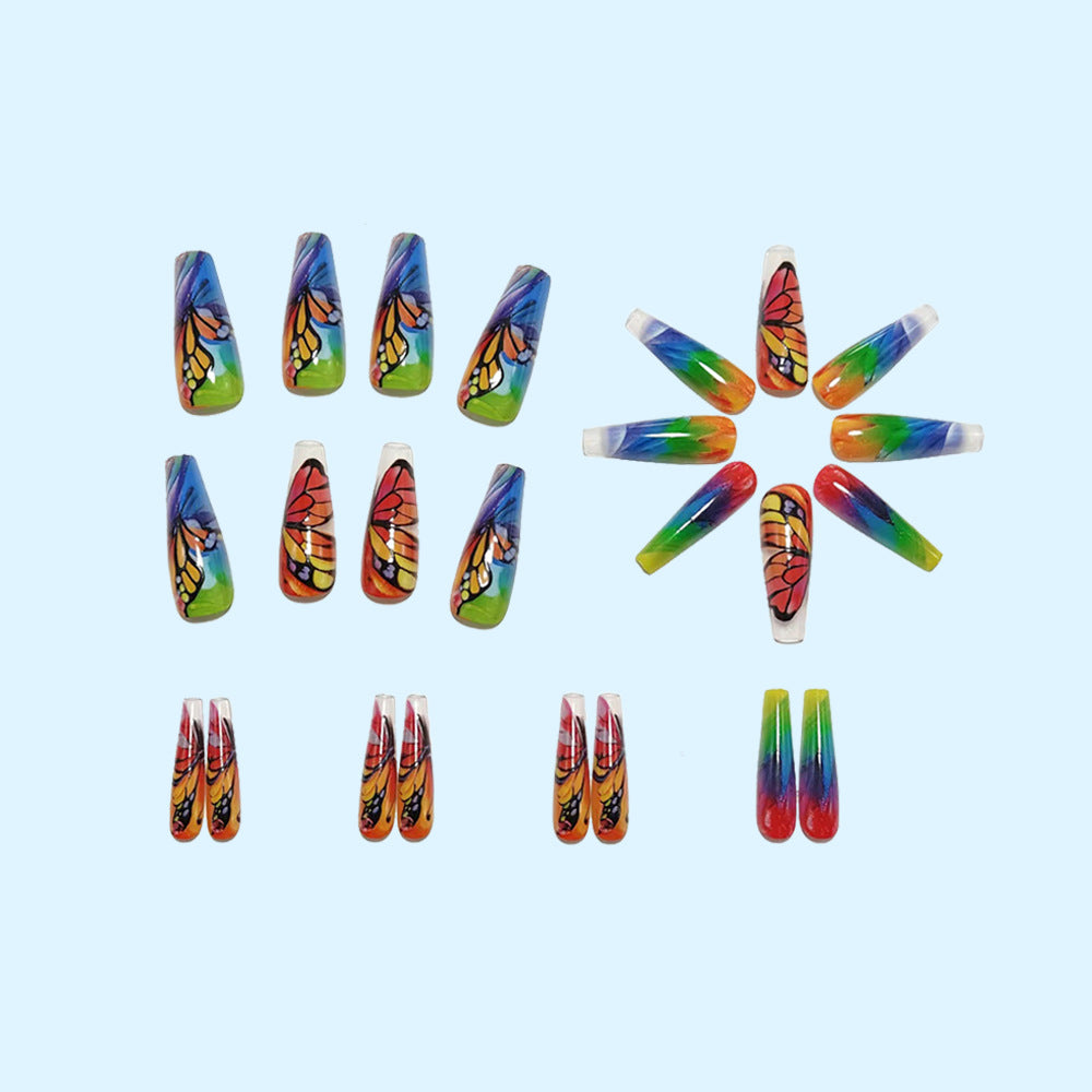 Artificial nails with colorful butterfly design and holographic accents Kalsten