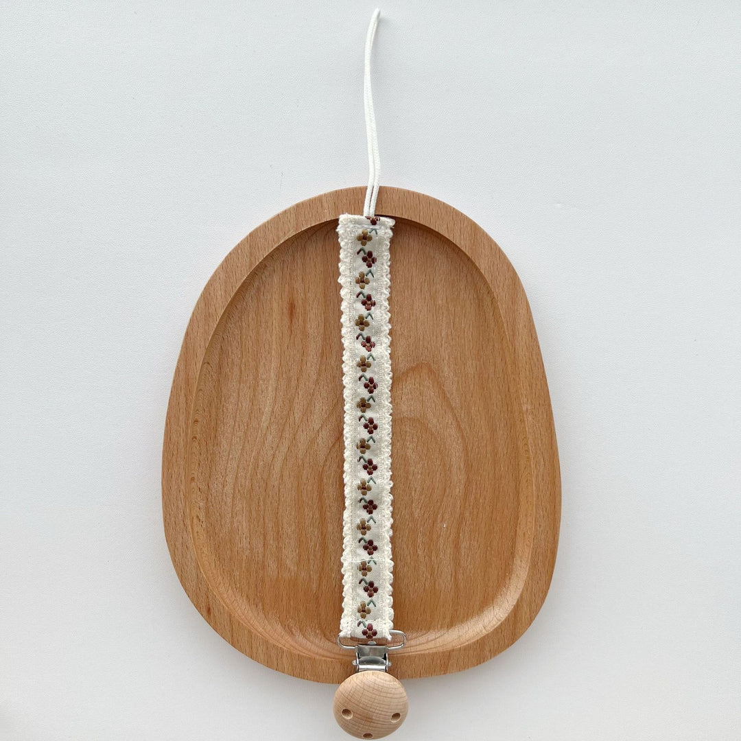 Floral Embroidered Lace Pacifier and Teether Wooden Clip