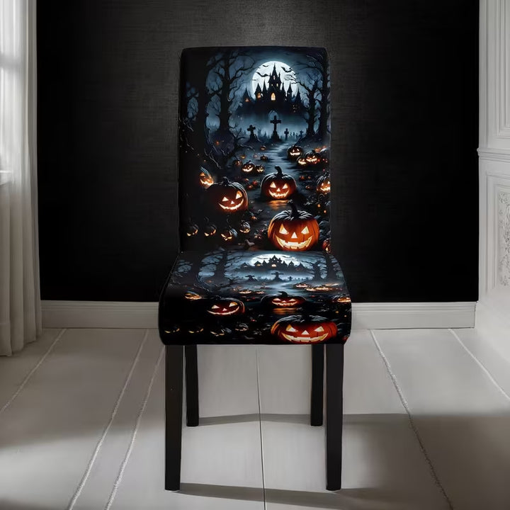 Elastic chair cover with Halloween castle and witch motif, stretchable chair cover for backrest and seat