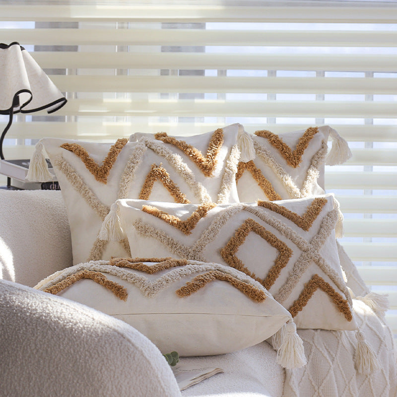 Square cushion cover made of cotton-linen with raised diamond tufting and corner tassels Kalsten