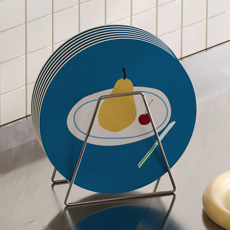 Round Decorative Absorbent Cork Coaster Set with Metal Stand and Fruit Plate Illustration