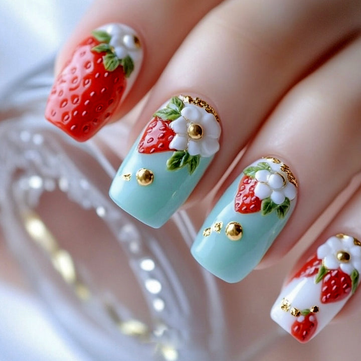 Artistic Strawberry Floral Acrylic Nail Art Extensions Kalsten