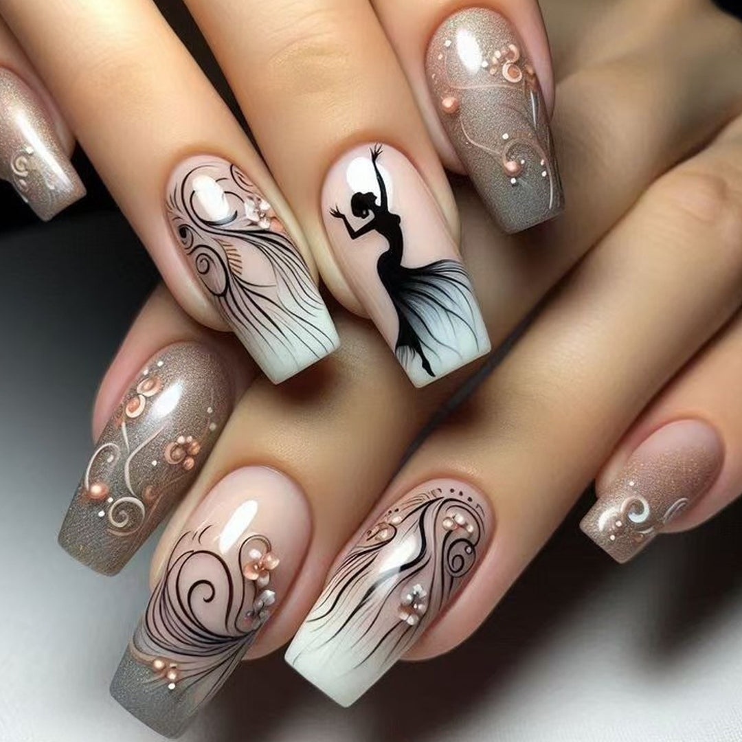 Artificial nails with elegant silhouette and floral accents Kalsten