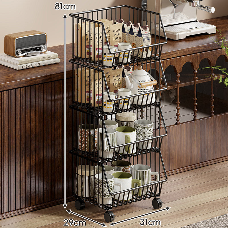 Four-Tier Tall Rolling Wire Pantry and Mug Storage Cart with Deep Slanted Baskets