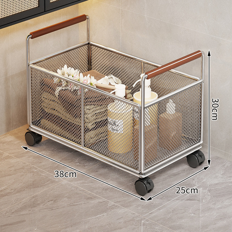 Mesh Metal Storage Organizer Basket with Wooden Grip Handles