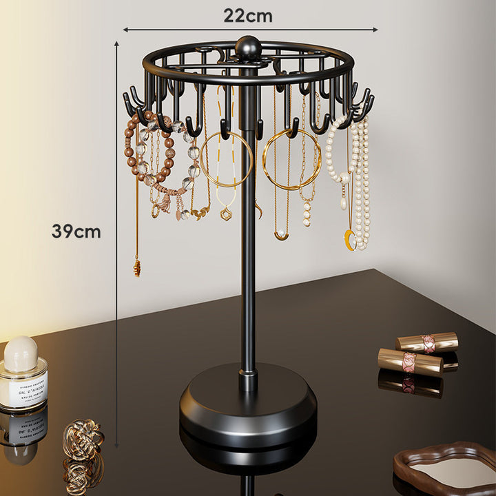 Rotating Tiered Jewelry Organizer Stand with Multi-Arm Hooks and Circular Ring Trays