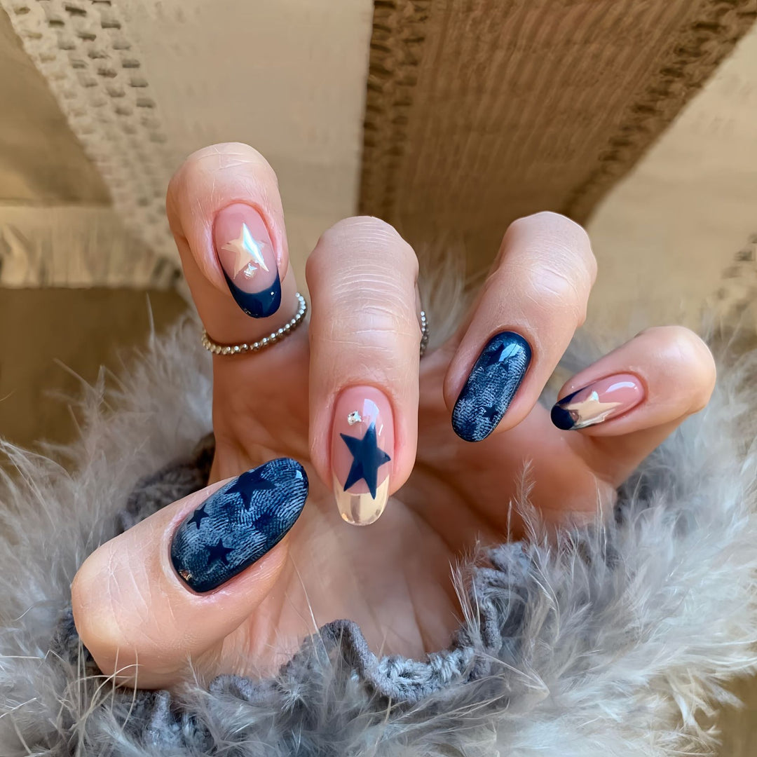 Creative Nail Art Set with Star and Denim Design Kalsten