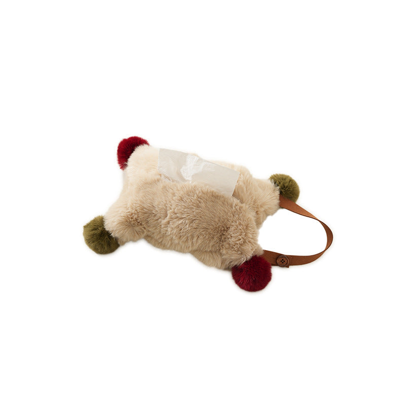 Plush tissue box cover made of faux fur with colorful pom-pom corners Kalsten