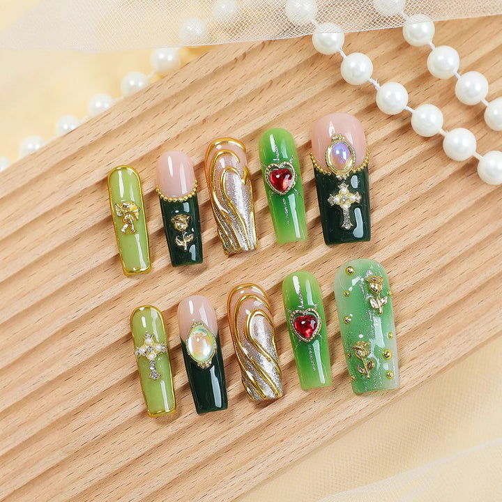 Acrylic nail set with glamorous crystal and floral design Kalsten