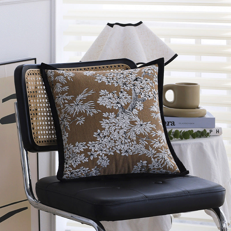 Square embroidered cushion cover made of cotton-linen blend with floral jacquard texture and velvet piping Kalsten