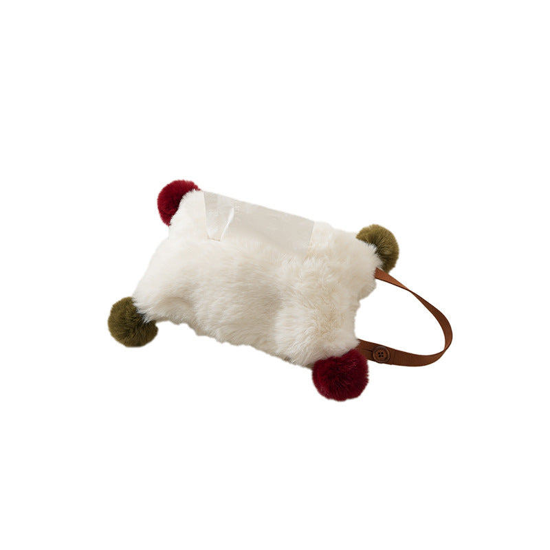 Plush tissue box cover made of faux fur with colorful pom-pom corners Kalsten