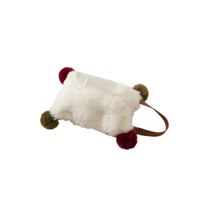 Plush tissue box cover made of faux fur with colorful pom-pom corners Kalsten
